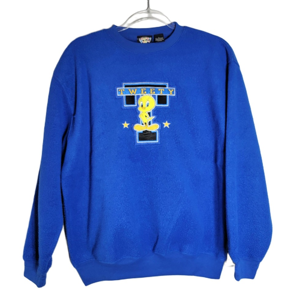 VTG 90's Looney Tunes Tweety Bird Blue Fleece Sweatshirt Size Large Pullover